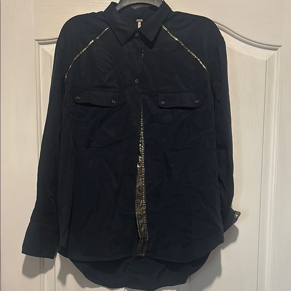 Free People Navy Shirt with Gold Accents - Picture 1 of 9